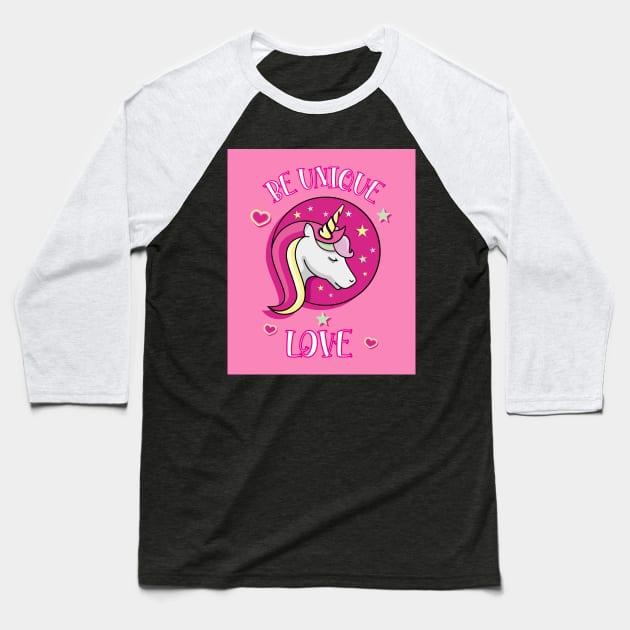 Be Unique Love Beautiful Unicorn Head With Stars And Hearts pink Poster Baseball T-Shirt by teezeedy
